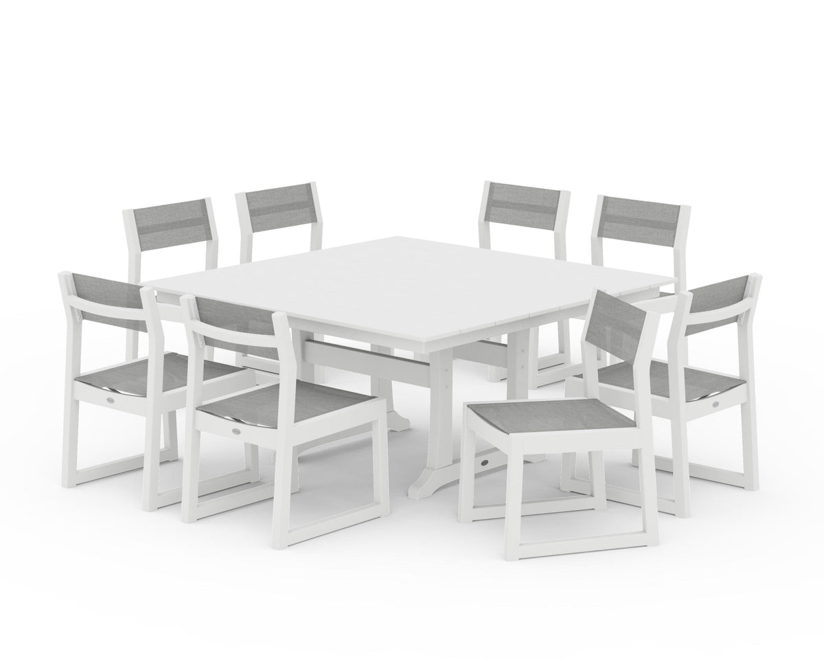 POLYWOOD EDGE Sling Side Chair 9-Piece Farmhouse Trestle Dining Set in White / Metallic