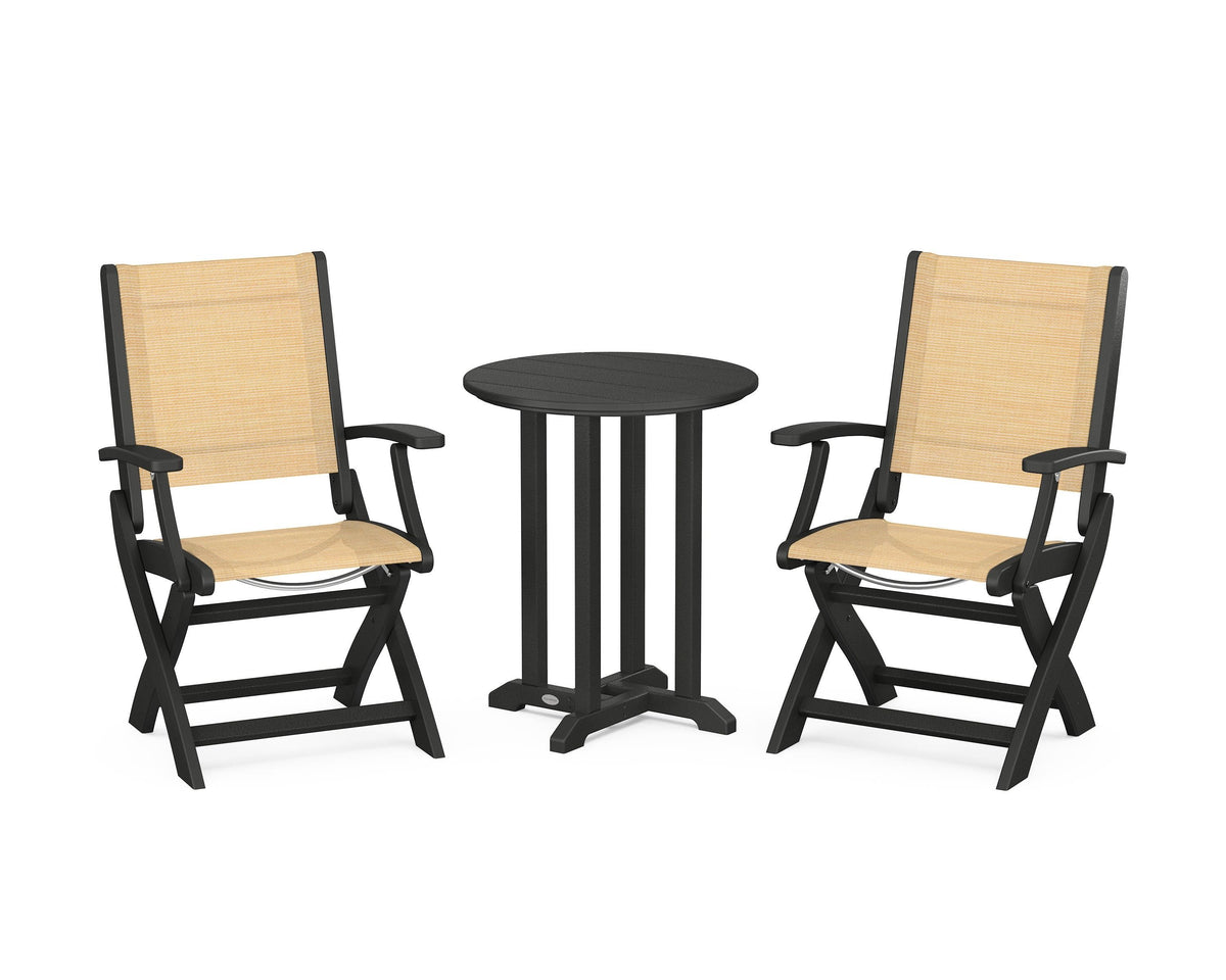 POLYWOOD Coastal Folding 3-Piece Round Bistro Dining Set in Black / Dupioni Apricot