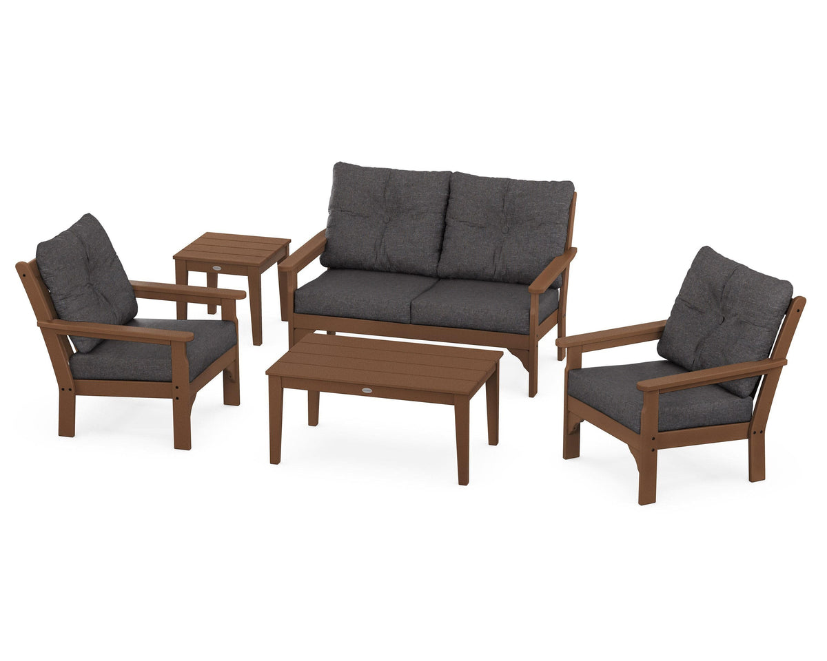 POLYWOOD Vineyard 5-Piece Deep Seating Set with Two Chairs and Loveseat in Teak / Ash Charcoal