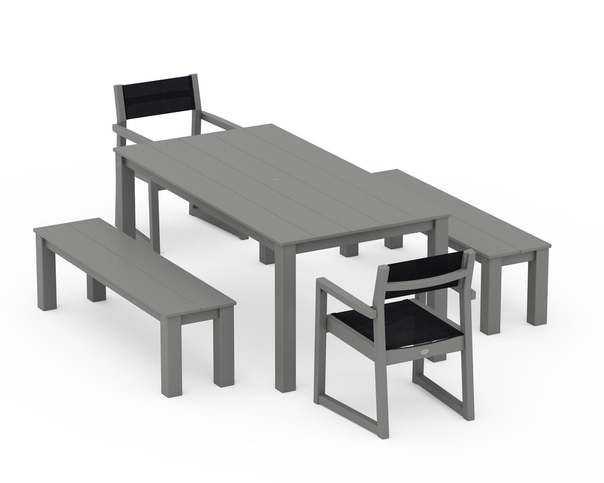 POLYWOOD EDGE Sling Arm Chair 5-Piece Parsons Dining Set with Benches in Slate Grey / Black