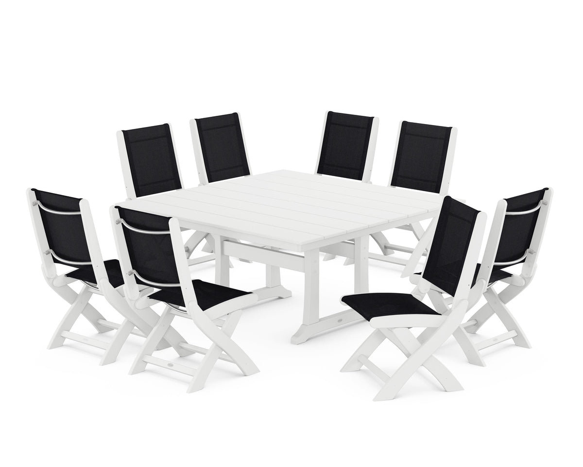 POLYWOOD Coastal Folding Side Chair 9-Piece Farmhouse Dining Set in White / Black