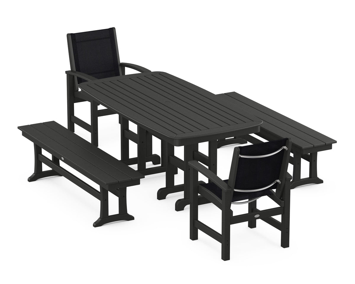 POLYWOOD Coastal 5-Piece Dining Set with Nautical 37" x 72" Dining Table in Black / Black