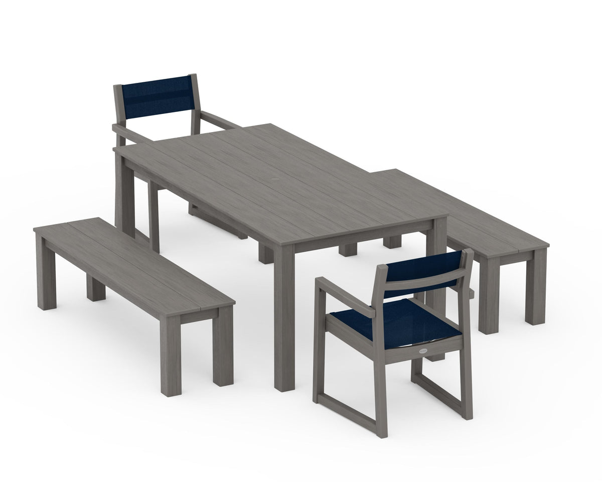POLYWOOD EDGE Sling Arm Chair 5-Piece Parsons Dining Set with Benches in Driftwood / Navy Blue