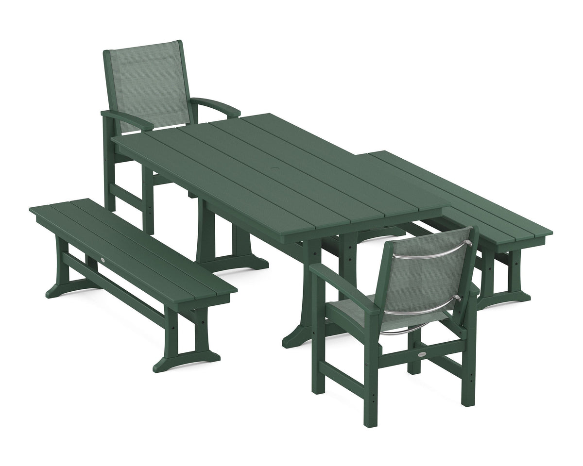 POLYWOOD Coastal 5-Piece Farmhouse Dining Set with Trestle Legs and Benches in Green / Dupioni Sea Mist