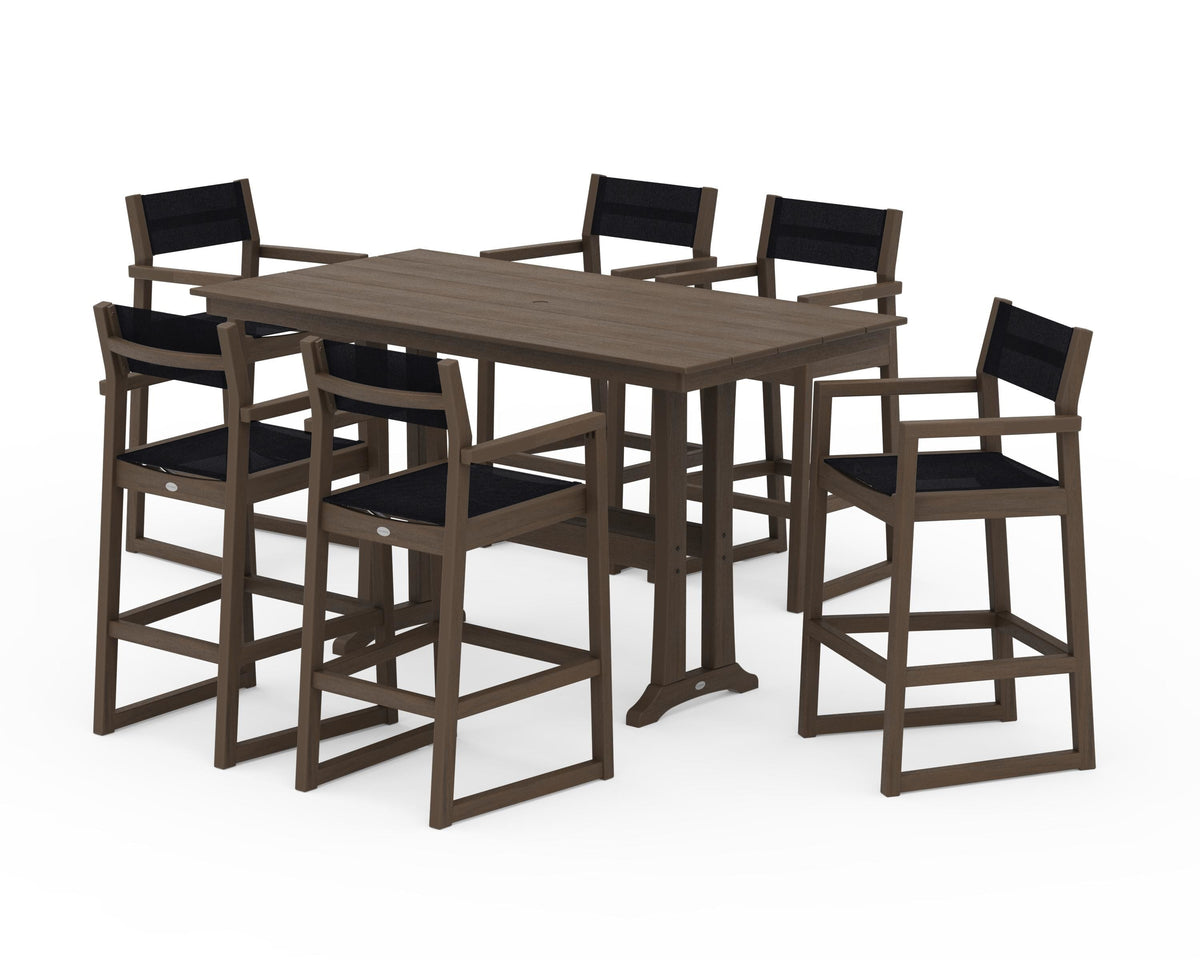 POLYWOOD EDGE Sling Arm Chair 7-Piece Farmhouse Bar Set with Trestle Legs in Kona / Black