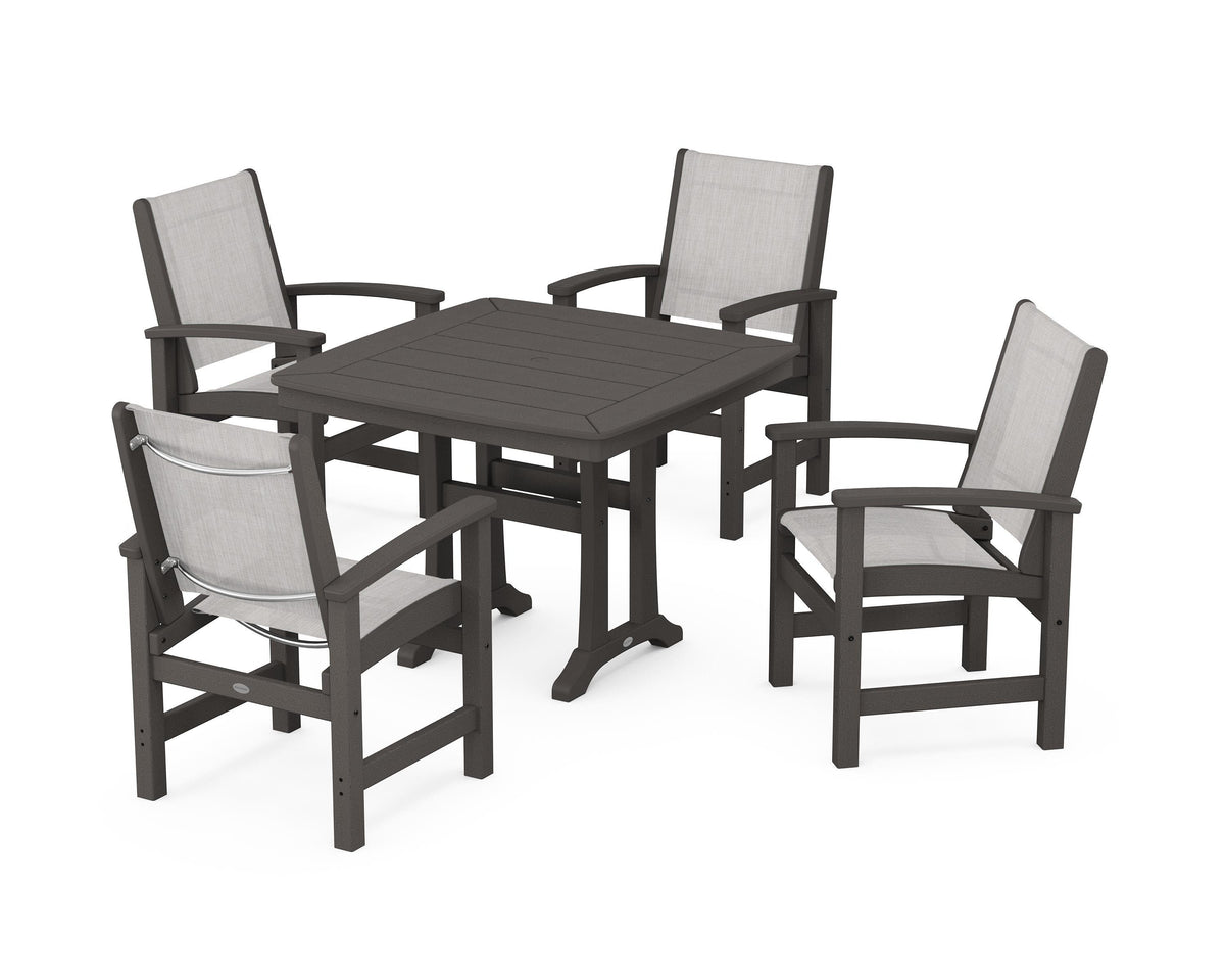 POLYWOOD Coastal 5-Piece Dining Set with Trestle Legs with Nautical Trestle 37" Dining Table in Vintage Coffee / Parchment