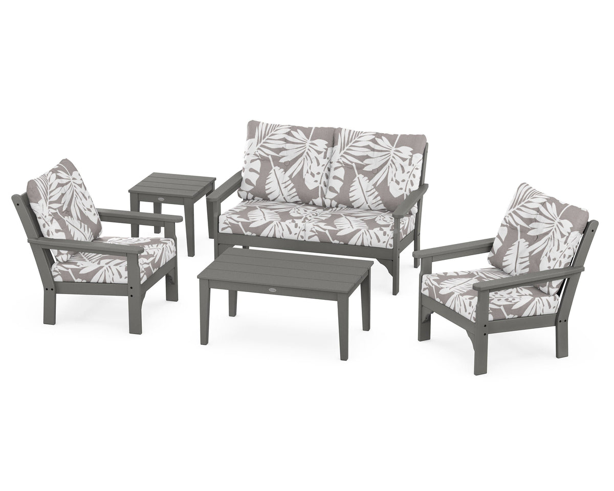 POLYWOOD Vineyard 5-Piece Deep Seating Set with Two Chairs and Loveseat in Slate Grey / Leaf Grey Mist