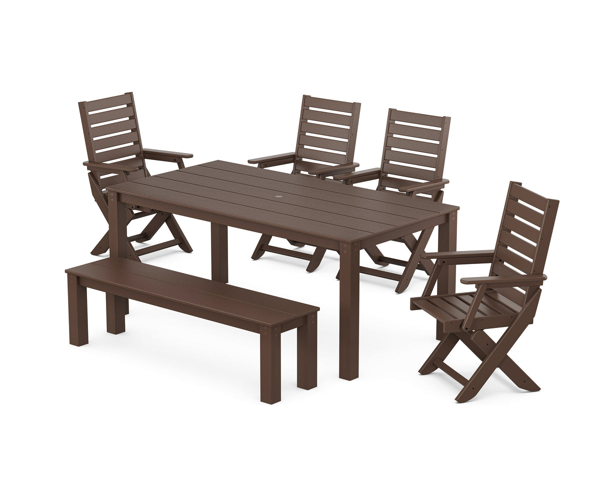 POLYWOOD Captain Folding Chair 6-Piece Parsons Dining Set with Bench in Mahogany