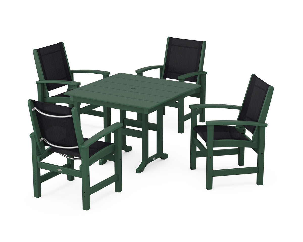 POLYWOOD Coastal 5-Piece Farmhouse Dining Set with Farmhouse 37" Dining Table in Green / Black