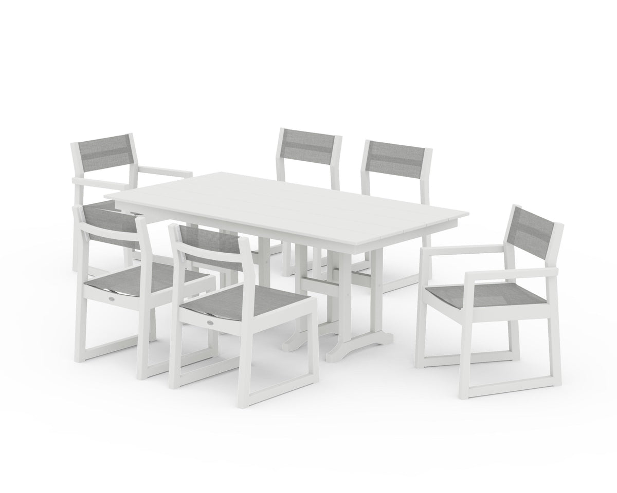 POLYWOOD EDGE Sling 7-Piece Farmhouse Dining Set in Vintage White / Metallic