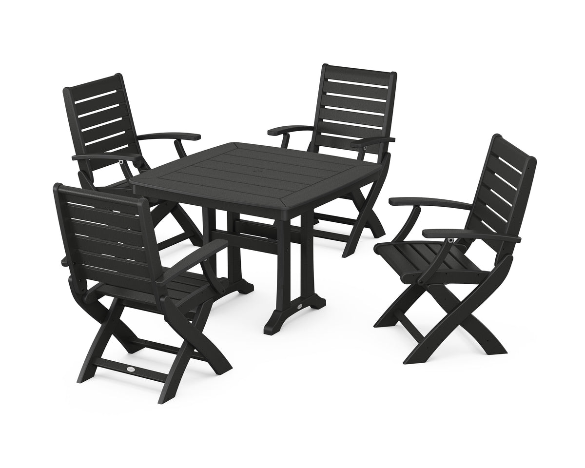 POLYWOOD Signature Folding Chair 5-Piece Dining Set with Trestle Legs - 37" Table in Black