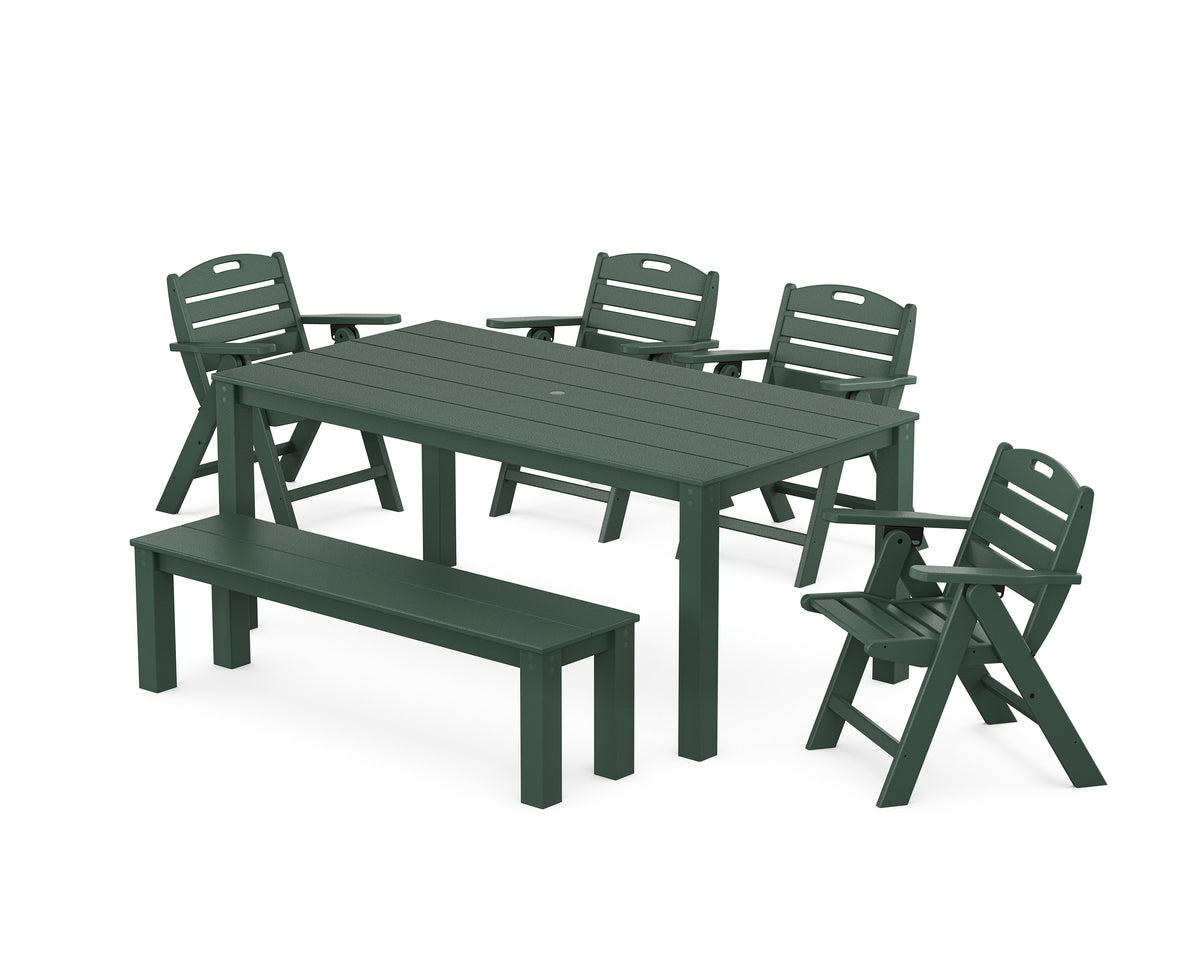 POLYWOOD Nautical Folding Lowback Chair 6-Piece Parsons Dining Set with Bench in Green