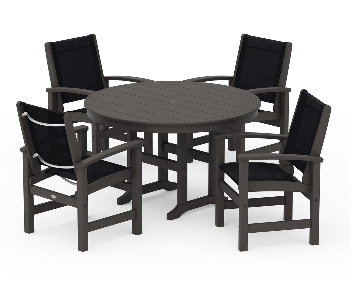 POLYWOOD Coastal 5-Piece Round Farmhouse Dining Set in Vintage Coffee / Black