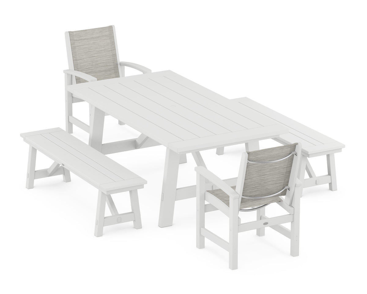 POLYWOOD Coastal 5-Piece Rustic Farmhouse Dining Set With Benches in White / Birch