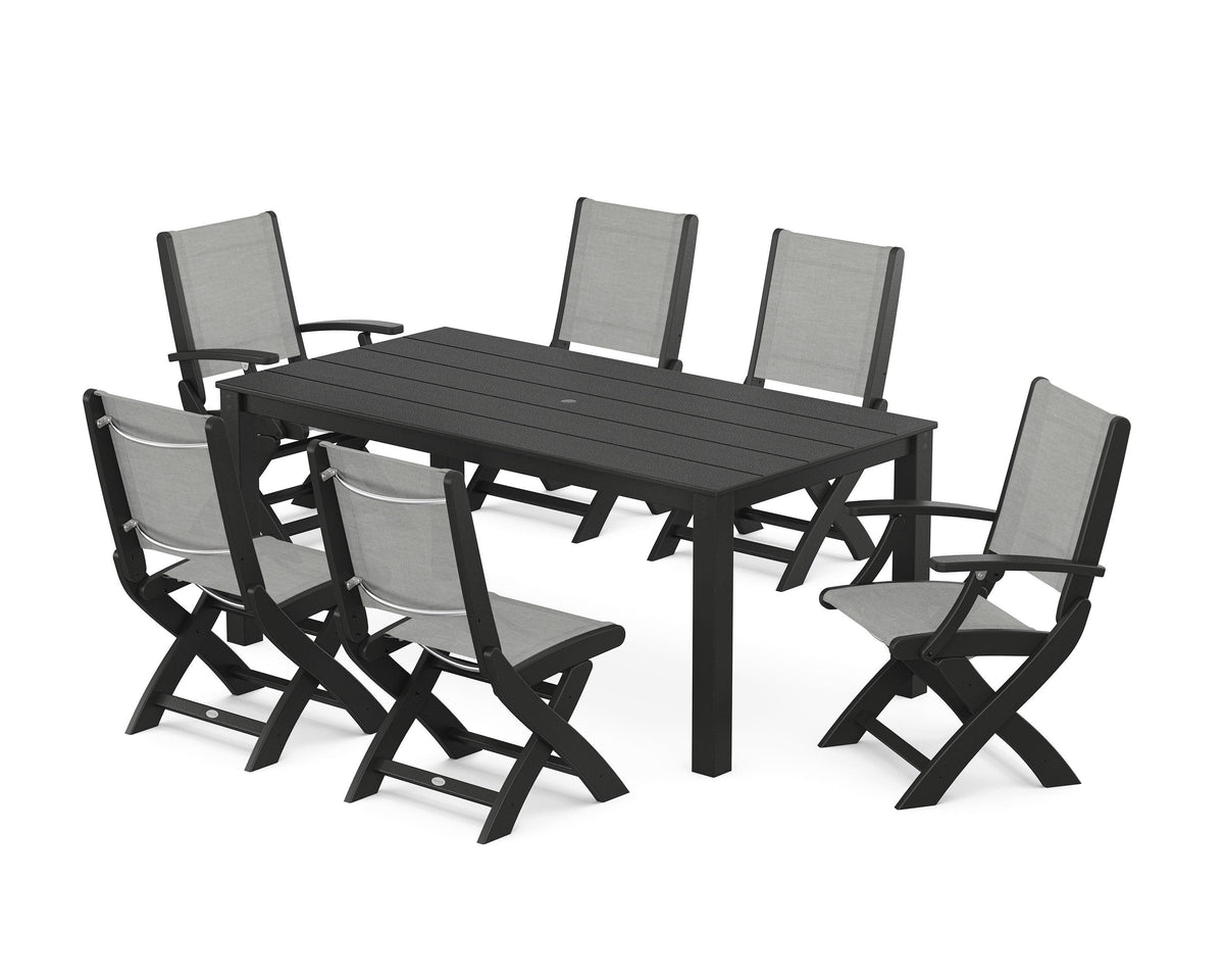 POLYWOOD Coastal Folding Chair 7-Piece Parsons Dining Set with Coastal Folding Side Chair in Black / Metallic