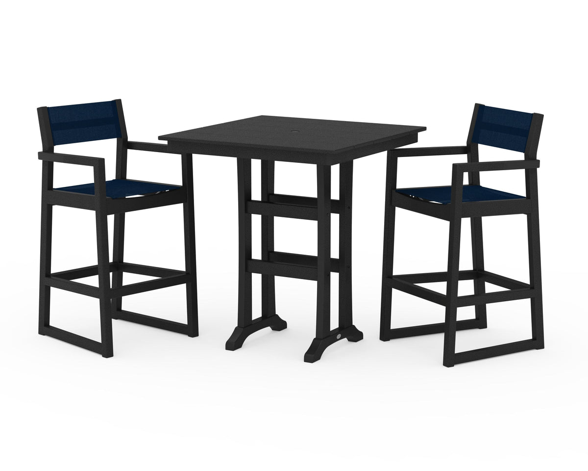 POLYWOOD EDGE Sling Arm Chair 3-Piece Farmhouse Bar Set with Trestle Legs in Black / Navy Blue