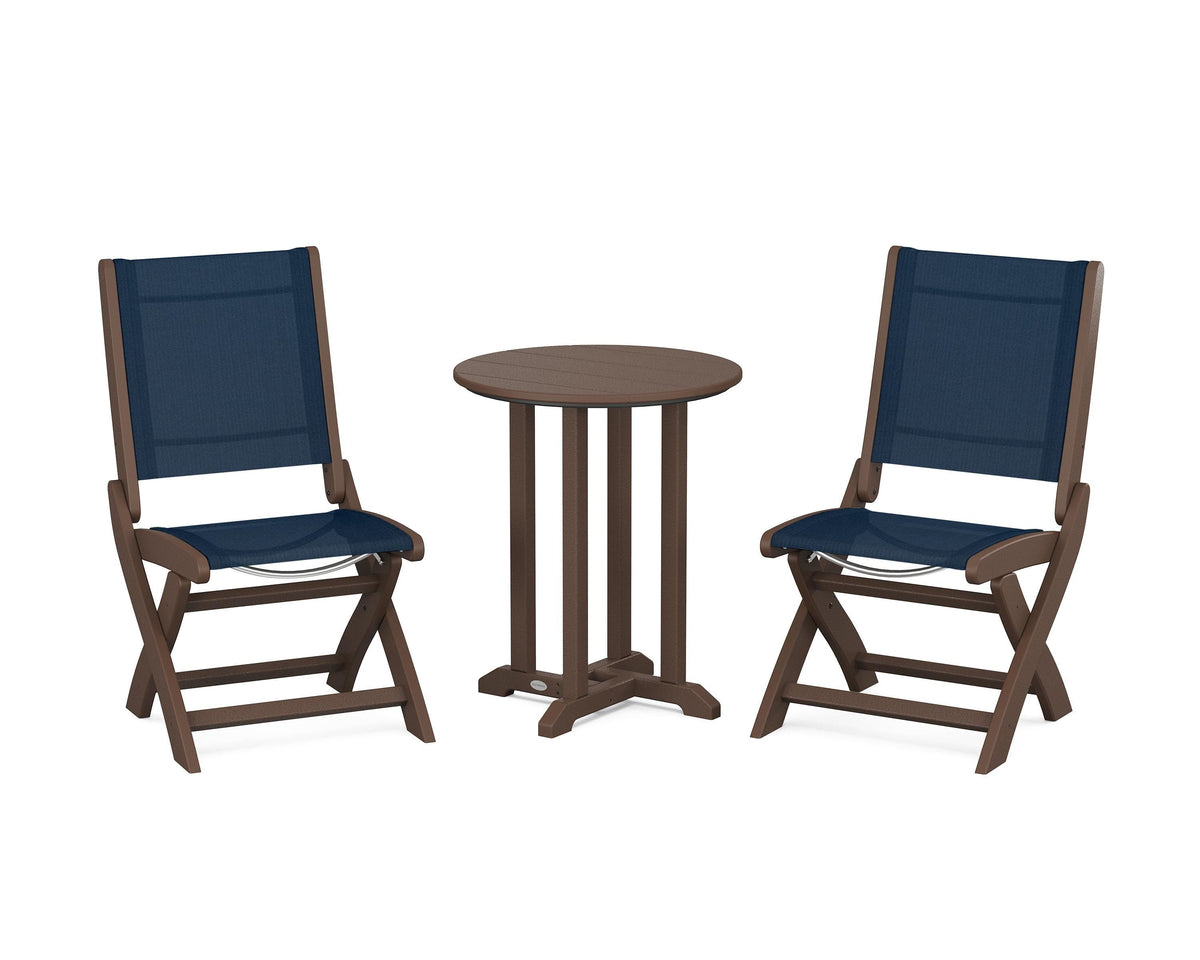 POLYWOOD Coastal Folding Side Chair 3-Piece Round Bistro Dining Set in Mahogany / Navy Blue