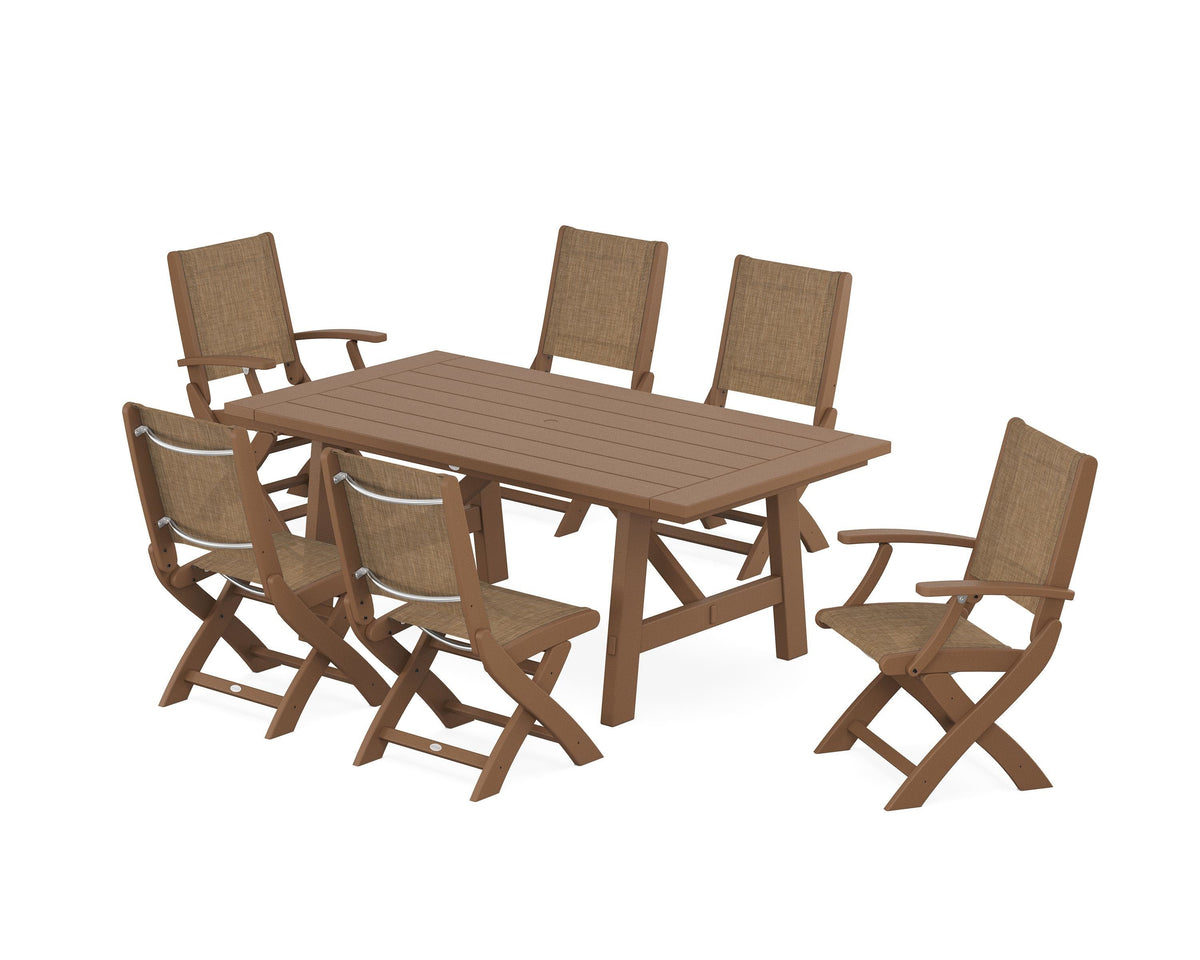 POLYWOOD Coastal Folding Chair 7-Piece Rustic Farmhouse Dining Set in Teak / Burlap