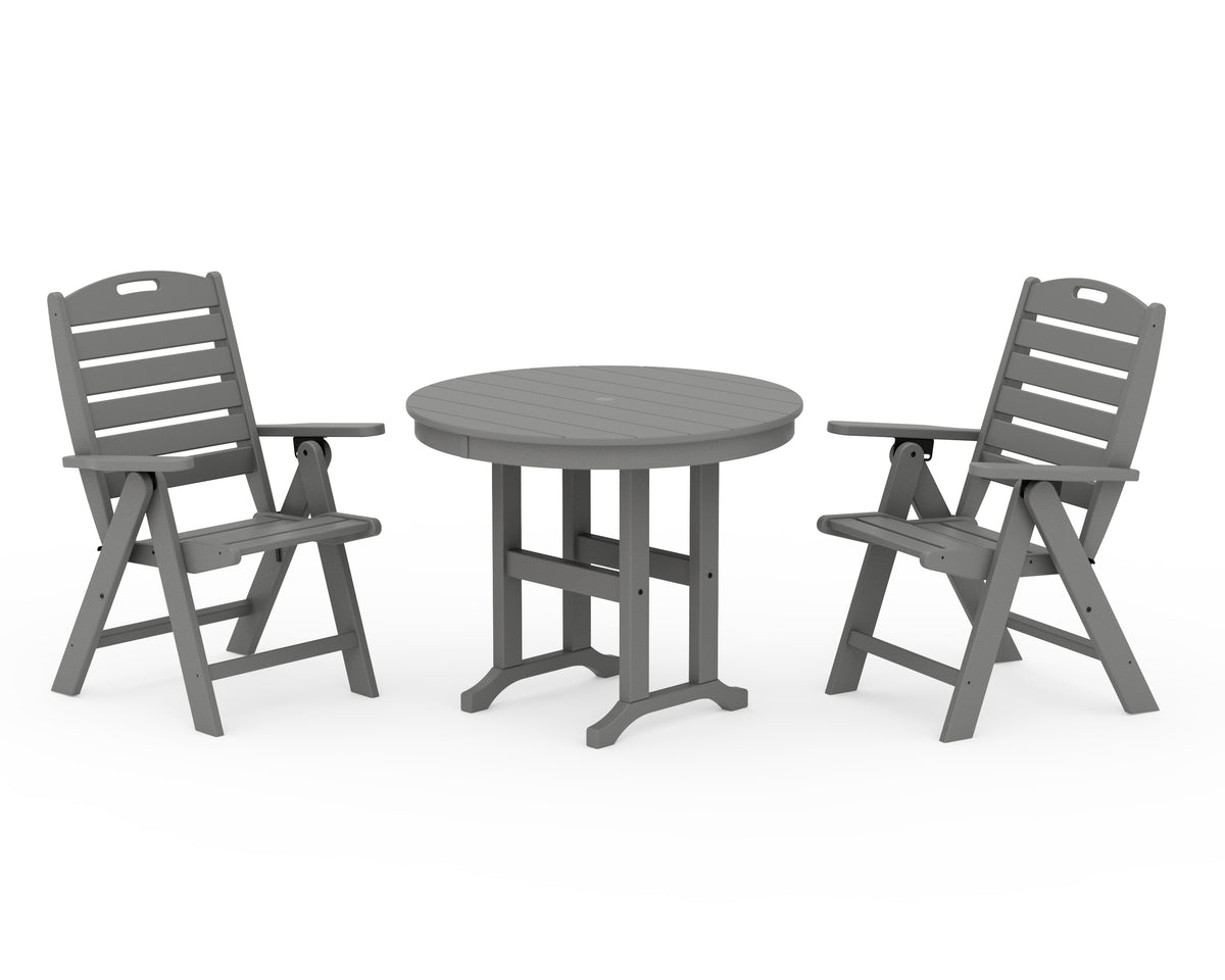POLYWOOD Nautical Folding Highback Chair 3-Piece Round Dining Set in Slate Grey