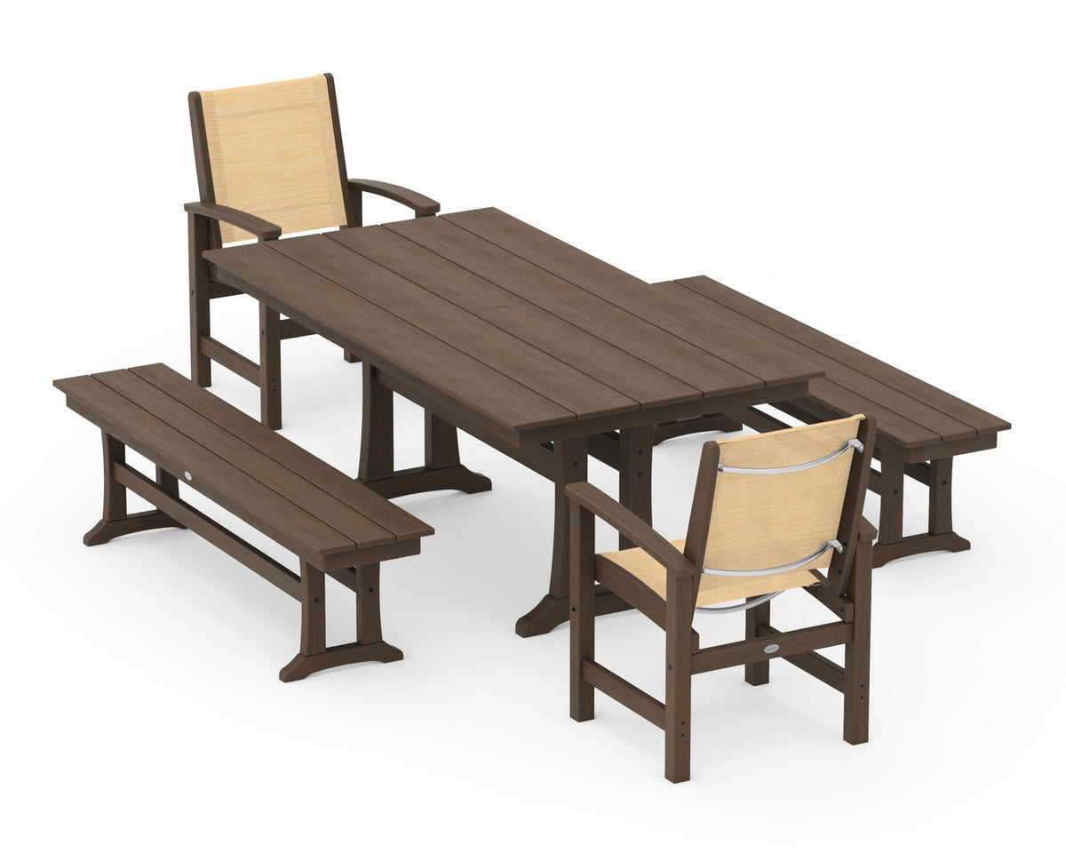 POLYWOOD Coastal 5-Piece Farmhouse Dining Set with Trestle Legs and Benches in Kona / Dupioni Apricot