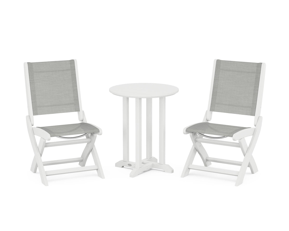 POLYWOOD Coastal Folding Side Chair 3-Piece Round Bistro Dining Set in White / Metallic