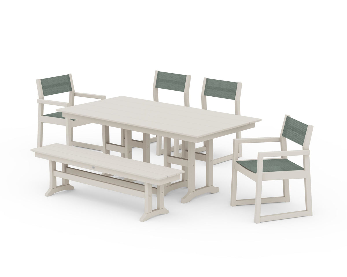 POLYWOOD EDGE Sling 6-Piece Farmhouse Dining Set in Sand / Dupioni Sea Mist