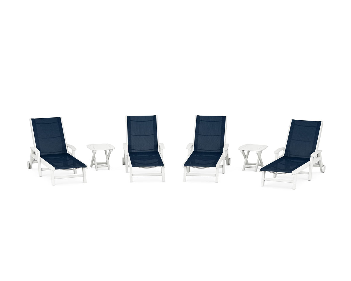 POLYWOOD Coastal Chaise 6-Piece Set with Wheels in White / Navy Blue