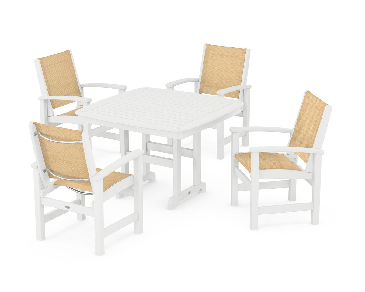 POLYWOOD Coastal 5-Piece Dining Set with Nautical 44" Dining Table in White / Dupioni Apricot