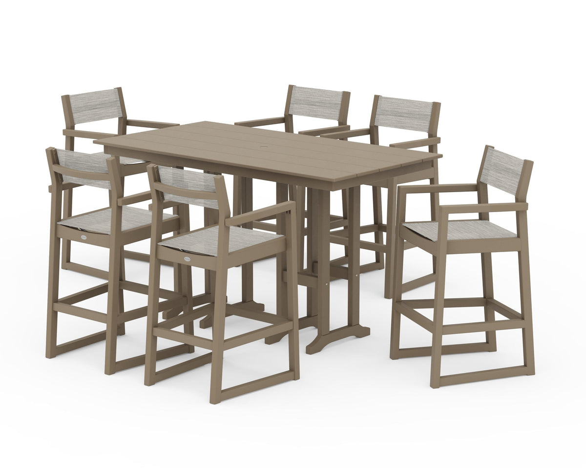 POLYWOOD EDGE Sling Arm Chair 7-Piece Farmhouse Bar Set in Vintage Sahara / Birch