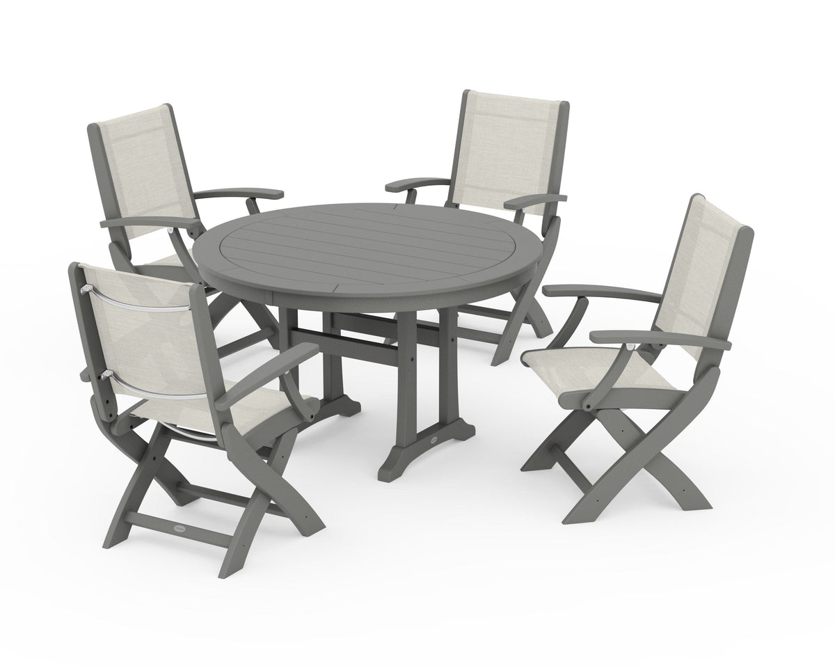 POLYWOOD Coastal Folding Chair 5-Piece Round Dining Set with Trestle Legs in Slate Grey / Parchment