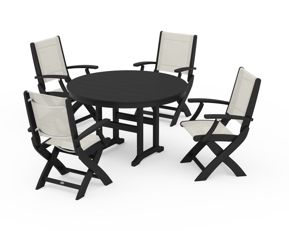 POLYWOOD Coastal Folding Chair 5-Piece Round Dining Set in Black / Parchment