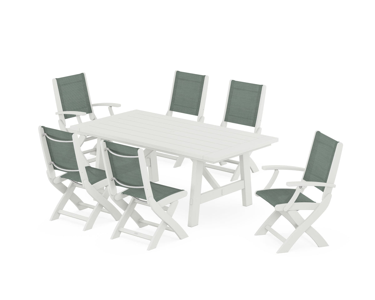 POLYWOOD Coastal Folding Chair 7-Piece Rustic Farmhouse Dining Set in Vintage White / Dupioni Sea Mist