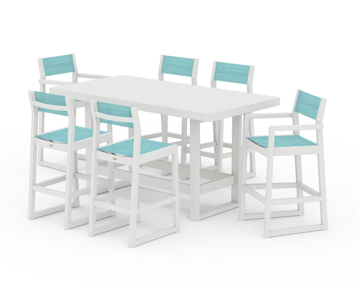 POLYWOOD EDGE Sling 7-Piece Bar Table Set in Vintage White / Dupioni Aquamarine