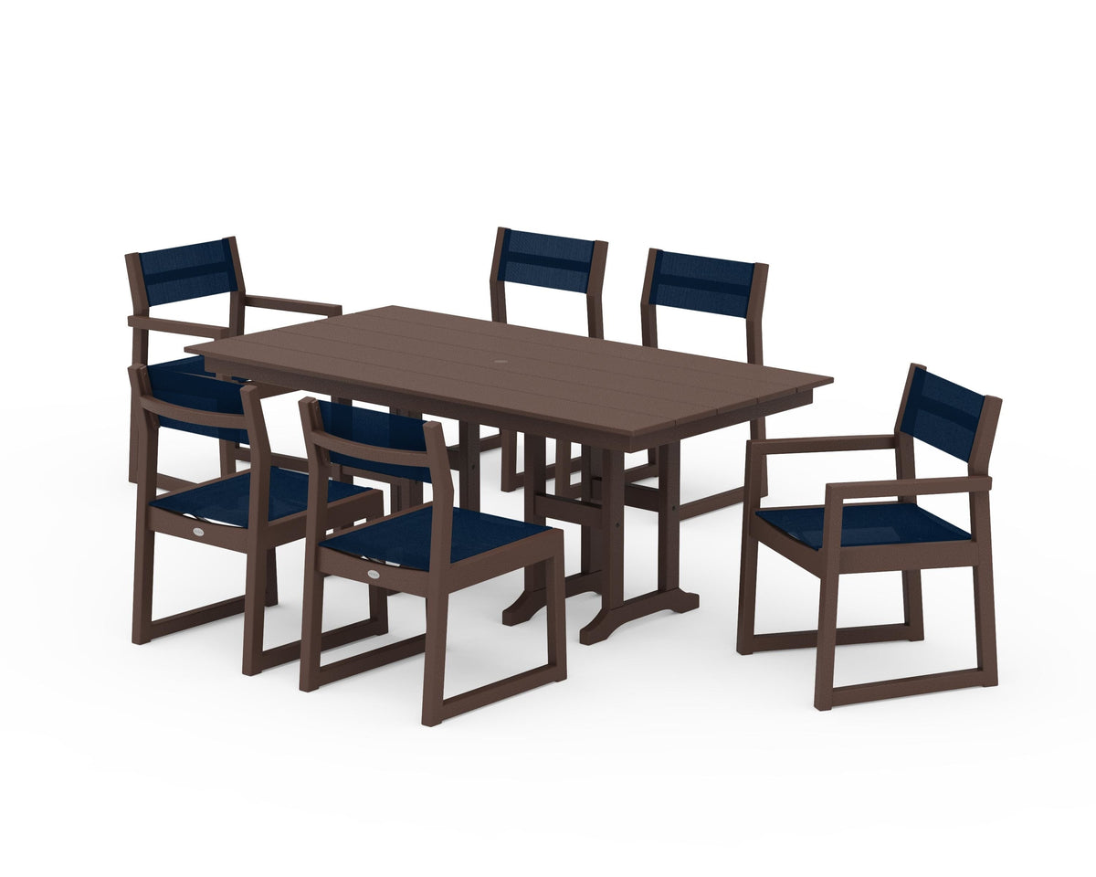 POLYWOOD EDGE Sling 7-Piece Farmhouse Dining Set in Mahogany / Navy Blue