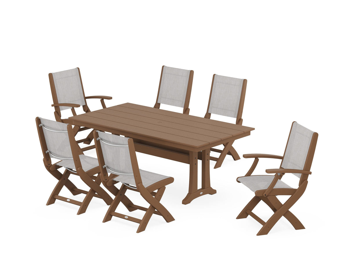 POLYWOOD Coastal Folding Chair 7-Piece Farmhouse Dining Set with Trestle Legs in Teak / Parchment
