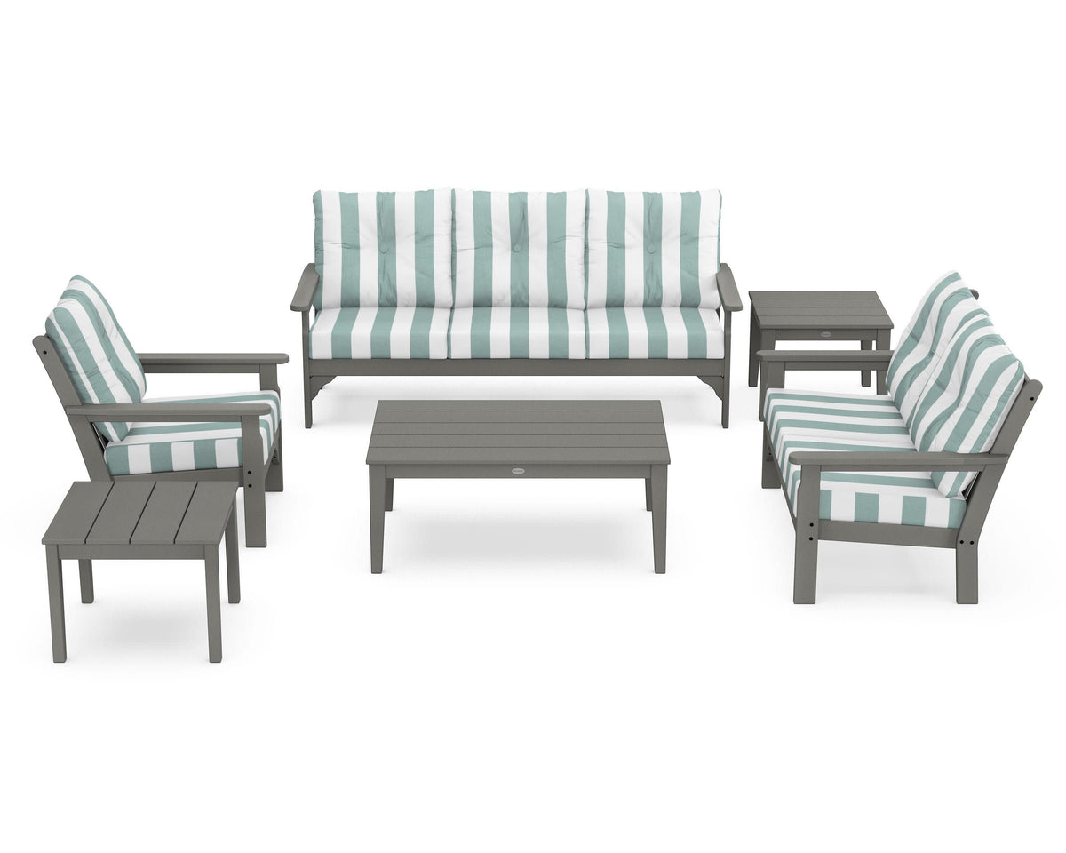 POLYWOOD Vineyard 6-Piece Deep Seating Set in Slate Grey / Cabana Stripe Glacier Spa