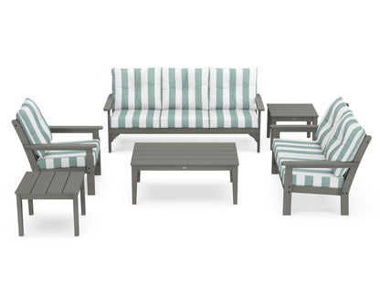 POLYWOOD Vineyard 6-Piece Deep Seating Set in Slate Grey / Cabana Stripe Glacier Spa