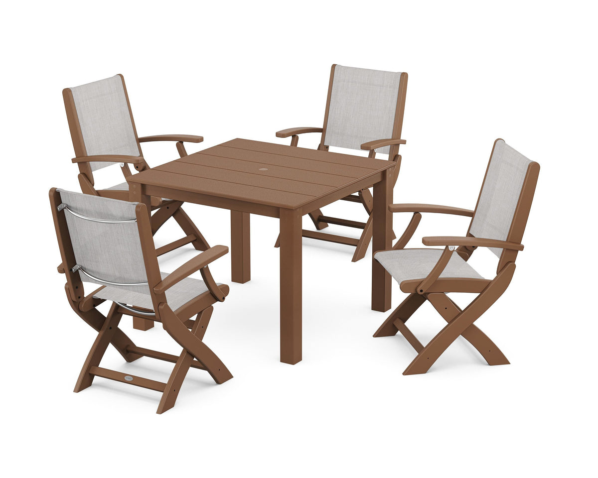 POLYWOOD Coastal Folding Chair 5-Piece Parsons Dining Set in Teak / Parchment