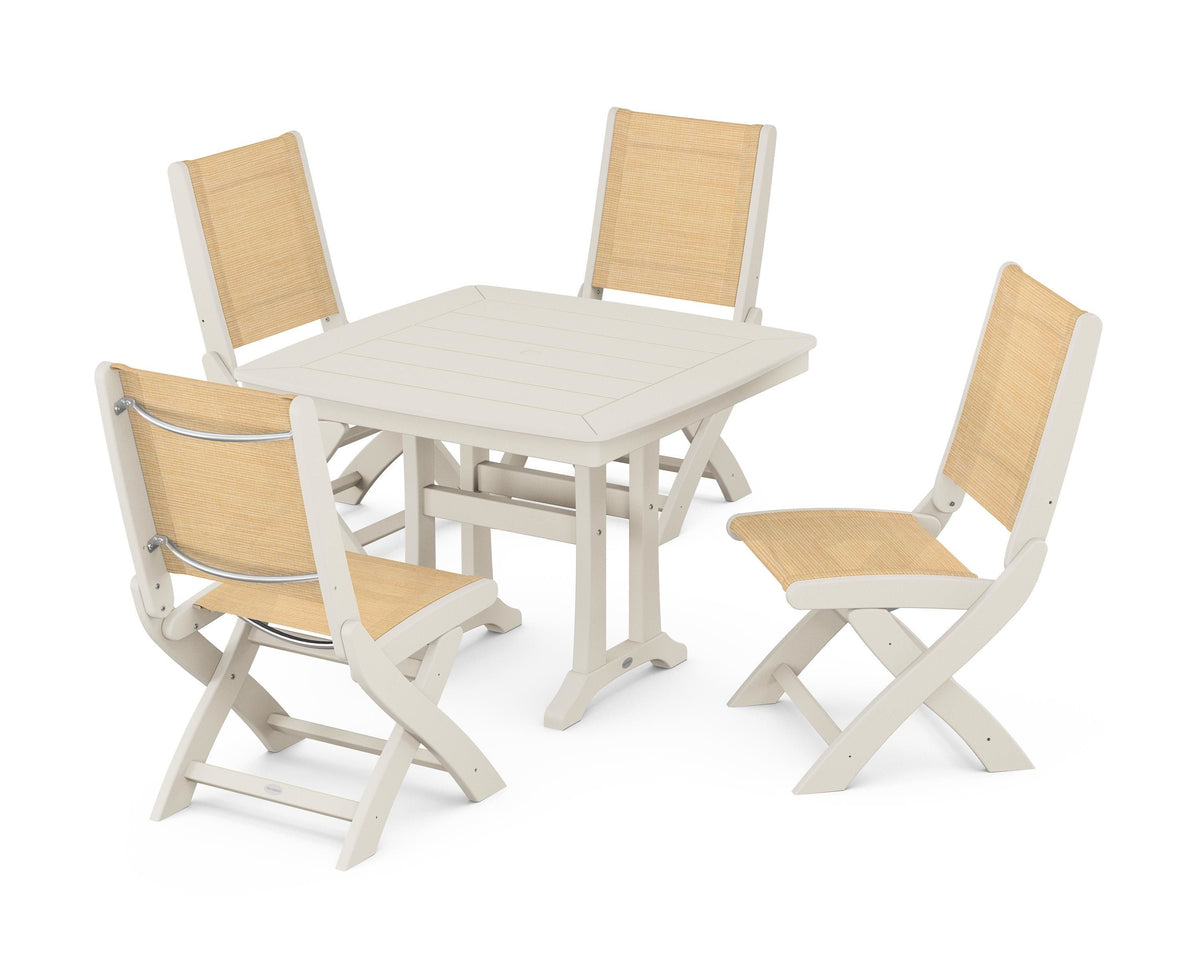 POLYWOOD Coastal Folding Side Chair 5-Piece Dining Set with Trestle Legs in Sand / Dupioni Apricot