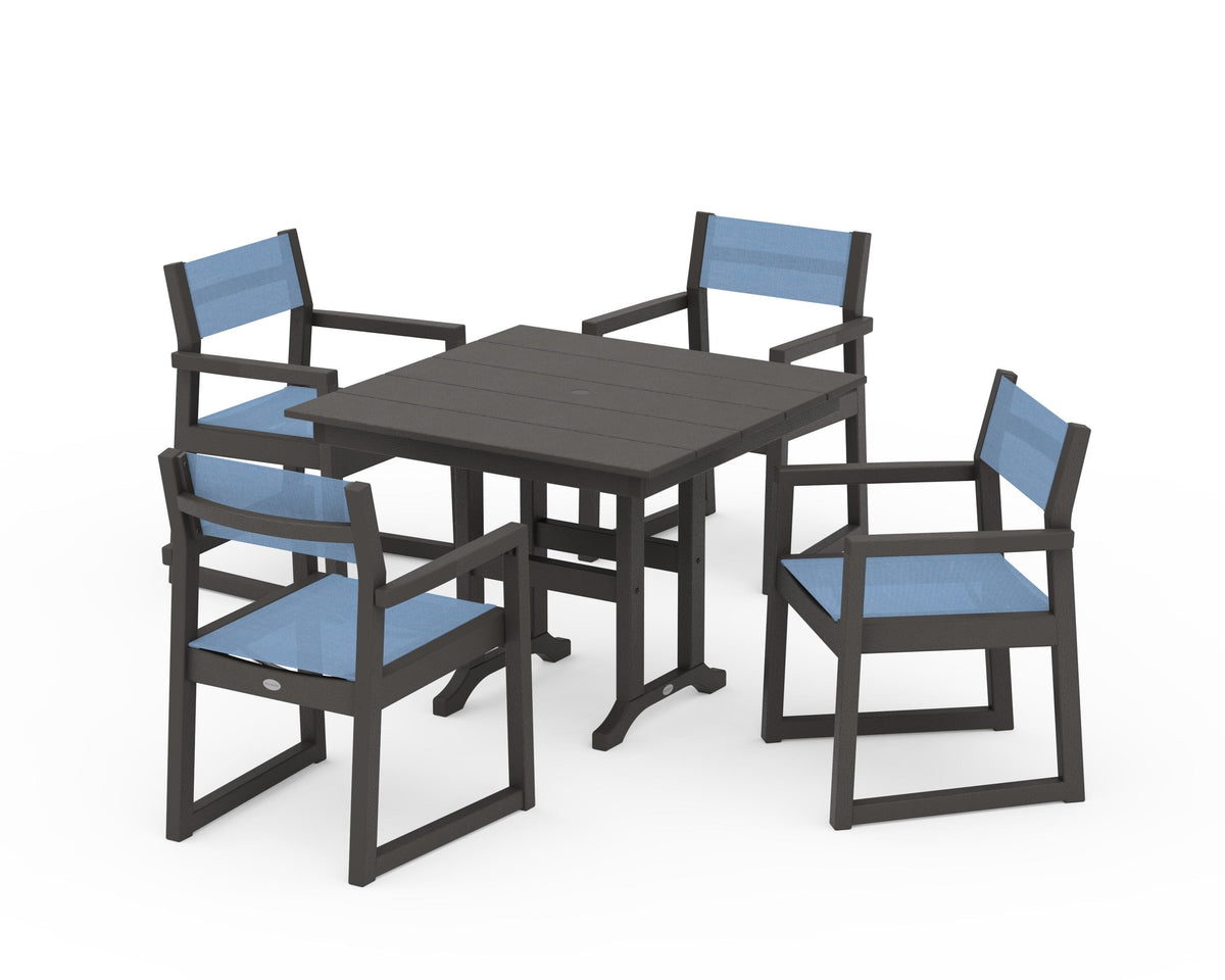 POLYWOOD EDGE Sling Arm Chair 5-Piece Farmhouse Dining Set in Vintage Coffee / Poolside
