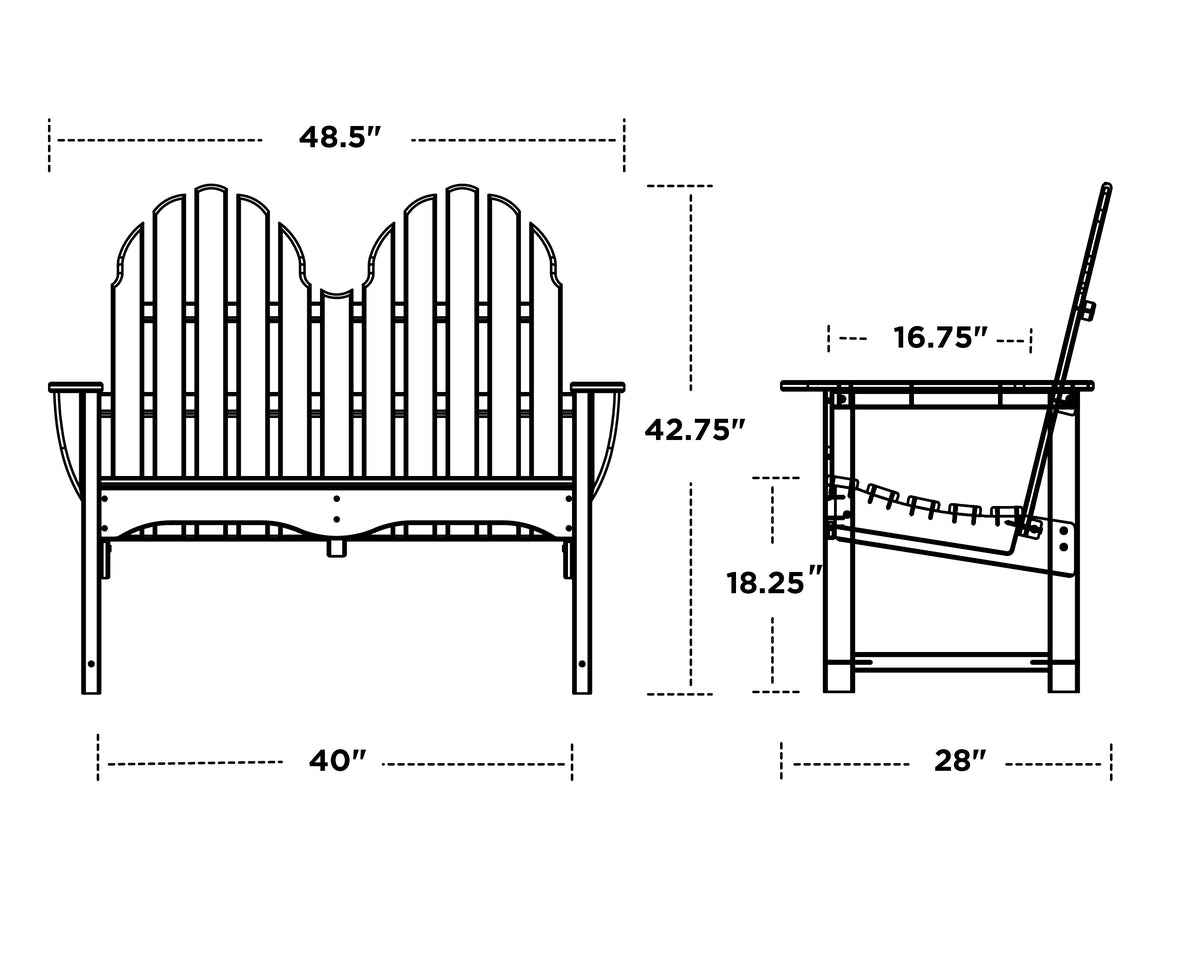 POLYWOOD Classic Adirondack 48" Bench dimension drawing with width, depth and height measurements