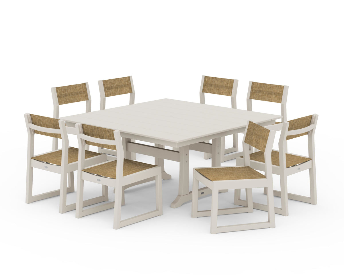 POLYWOOD EDGE Sling Side Chair 9-Piece Farmhouse Trestle Dining Set in Sand / Burlap