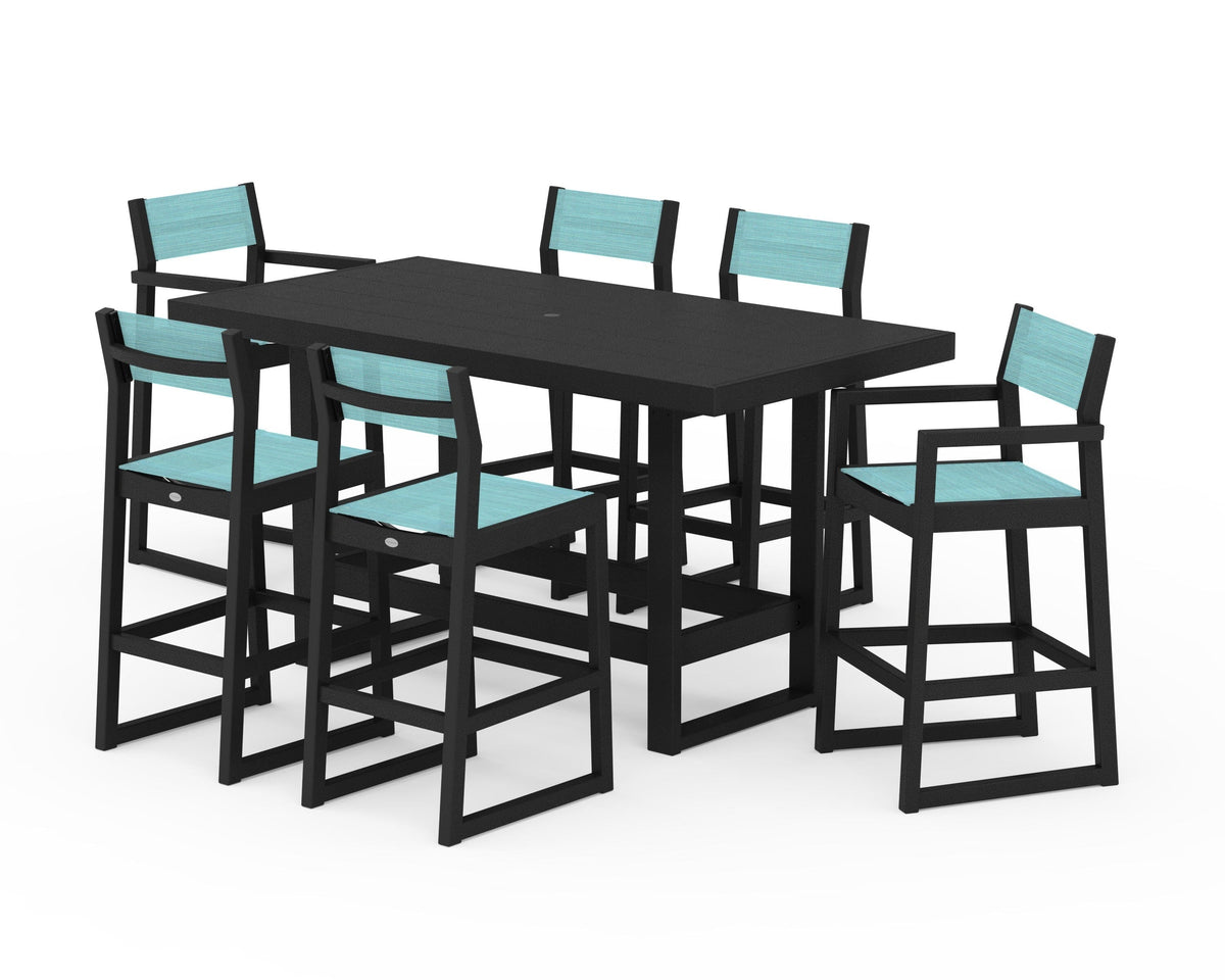POLYWOOD EDGE Sling 7-Piece Bar Table Set in Black / Dupioni Aquamarine