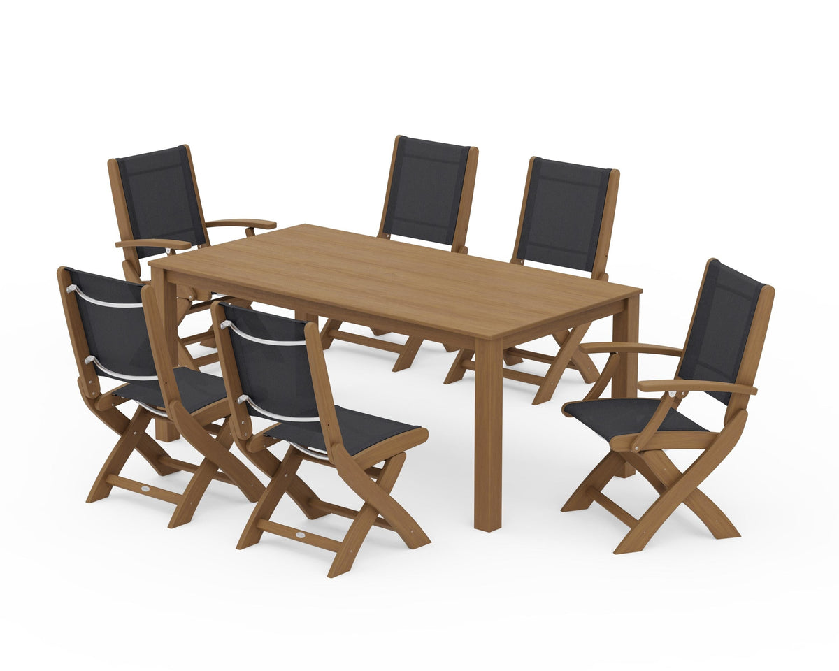POLYWOOD Coastal Folding Chair 7-Piece Parsons Dining Set with Coastal Folding Side Chair in Natural / Black