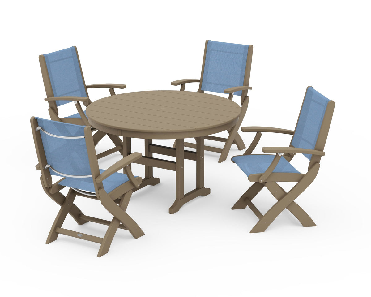 POLYWOOD Coastal Folding Chair 5-Piece Round Dining Set in Vintage Sahara / Poolside