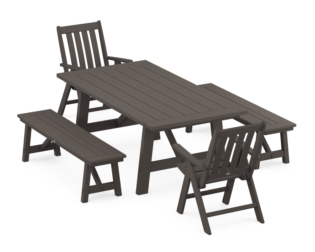 POLYWOOD Vineyard Folding Chair 5-Piece Rustic Farmhouse Dining Set with Benches in Vintage Coffee