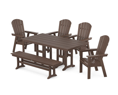 POLYWOOD Nautical Curveback Adirondack 6-Piece Farmhouse Dining Set with Bench in Mahogany