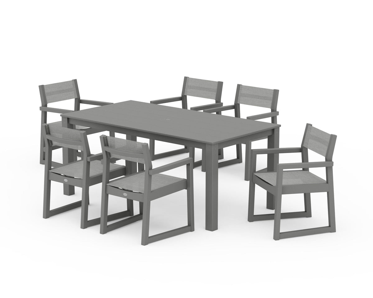 POLYWOOD EDGE Sling Arm Chair 7-Piece Parsons Dining Set in Slate Grey / Metallic