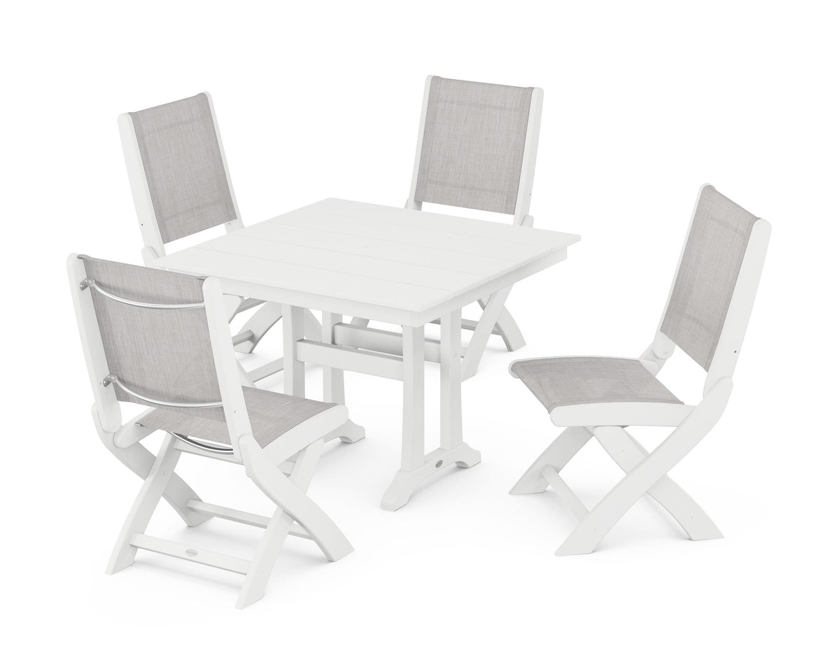 POLYWOOD Coastal Folding Side Chair 5-Piece Farmhouse Dining Set With Trestle Legs in White / Parchment