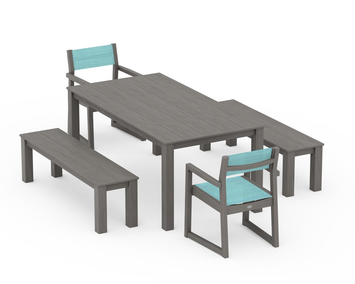 POLYWOOD EDGE Sling Arm Chair 5-Piece Parsons Dining Set with Benches in Driftwood / Dupioni Aquamarine